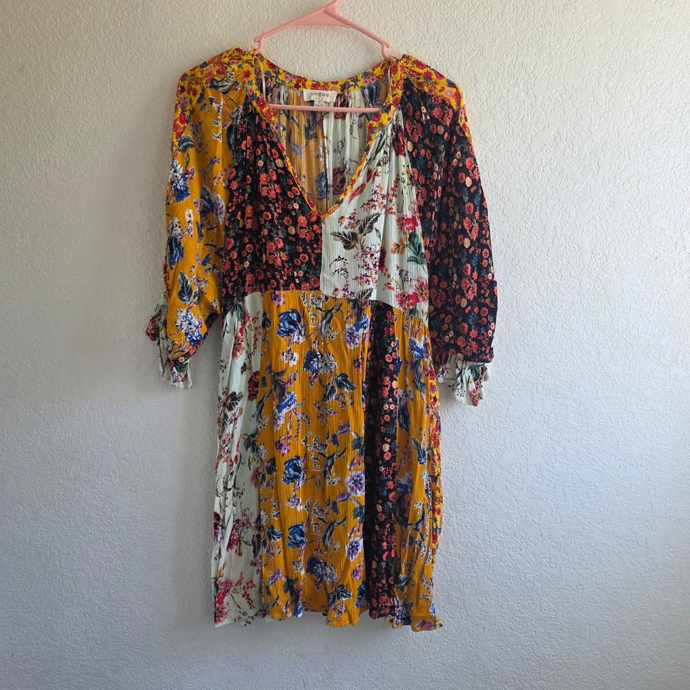 Umgee USA Floral Patchwork Mini Dress V-Neck Boho Babydoll Multi Womens S - Picture 2 of 7